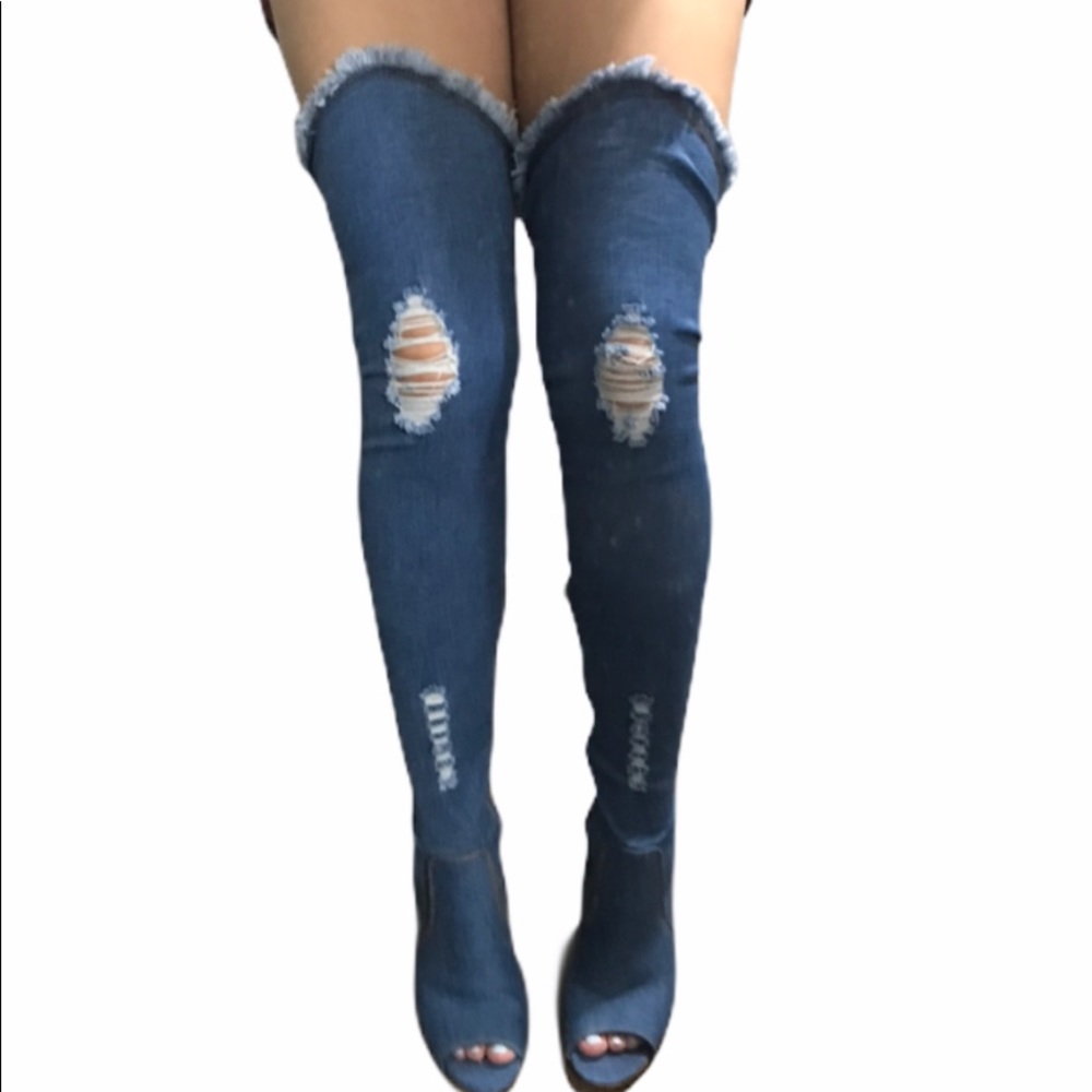 Cape Robbin Distressed Denim Thigh High Boots